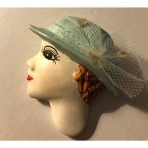 Vintage Pin Woman's Face Profile Head with Light Blue Hat